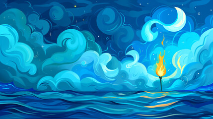 Artistic blue ocean scene with a torch