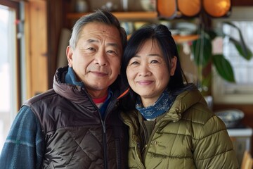 Wall Mural - Portrait of a content asian couple in their 40s donning a durable down jacket on scandinavian-style interior background