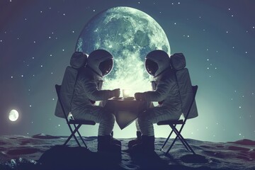 Two astronauts, dressed in spacesuits, enjoy a romantic breakfast together on the moon, under a glowing full moon and a starry sky.