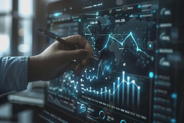 Digital businessman hand drawing growth graphs and financial data with hologram charts.