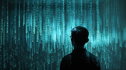 Sticker - A person stands in silhouette, looking at a wall of cascading digital code. The code appears as blue and green lines and dots.