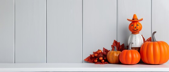 Five Halloween decorations on a wooden shelf: two jack-o'-lanterns, a scarecrow, and a witch.