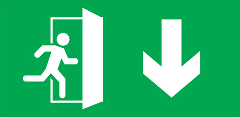 Wall Mural - Emergency exit sign, running man icon to door, green color, arrow vector, warning sign plate warning emergency sign isolated background