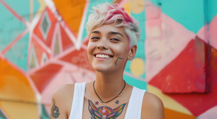 A beautiful young woman with short pastel pink and white hair, smiling big while showing off her neck tattoos in front of an abstract colorful wall.