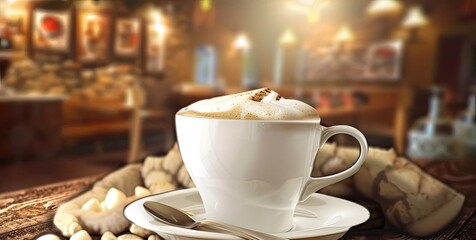 Cozy coffee shop with two cups of cappuccino on a wooden table surrounded by coffee beans, with a warm and inviting ambiance in the background.