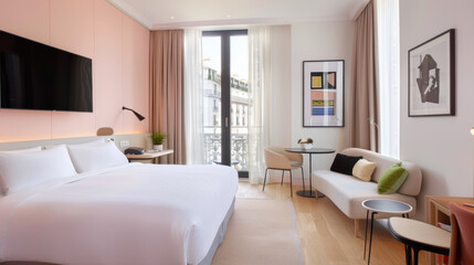 Wall Mural - Comfortable hotel room with pink interior ornament for elegant impression