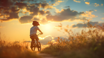 Wall Mural - A child rides a bicycle along a dirt road in a field.