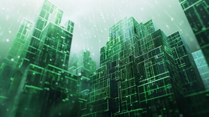 Sticker - A futuristic cityscape composed of glowing green digital blocks, resembling skyscrapers, with a hazy, atmospheric background.