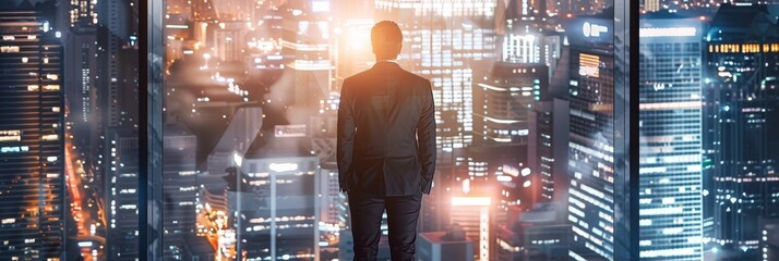 Sticker - Businessman Overlooking Illuminated Cityscape - A businessman stands in front of large windows, gazing at a brightly lit urban skyline at night. The high-rise buildings glitter with lights, symbolizin