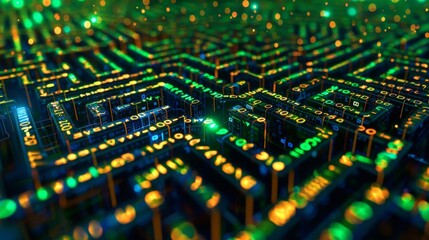Poster - A 3D digital maze with glowing lines and binary code, creating a complex and intricate pattern.