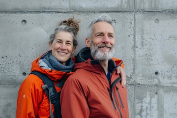 Wall Mural - Portrait of a joyful caucasian couple in their 60s wearing a windproof softshell over bare concrete or plaster wall