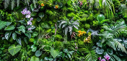 Wall Mural - Plants with green creepers, vines or ivy, purple or violet orchids, Giant Philodendrons and Monsteras in bloom with white flower backdrop. Natural wallpaper or nature patterns. Freshness season.