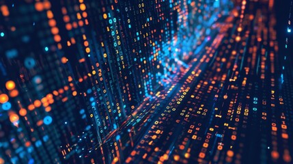 Poster - A close-up shot of a digital binary code pattern, with glowing blue, orange, and yellow lights, creating an abstract, futuristic aesthetic.