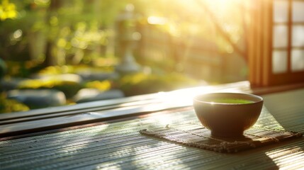 Japanese matcha green tea is served in a serene ceremony on a traditional mat, with sunlight casting a warm glow. with copy space