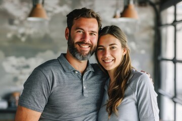 Poster - Portrait of a glad couple in their 20s wearing a breathable golf polo isolated on empty modern loft background