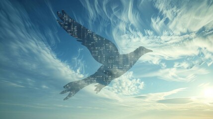 Wall Mural - A digital bird flies through the sky, with white clouds in the background. The bird is made up of lines of code.