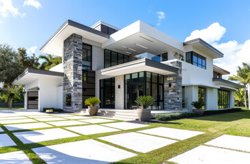 Wall Mural - a modern home in Miami, with a white and grey color scheme and stone accents, a large front yard with a concrete driveway, palm trees, and a blue sky