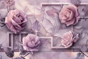 Wall Mural - Modern 3d mural wallpaper with purple roses, squares and decorative background. Designed for wall art and home decor.