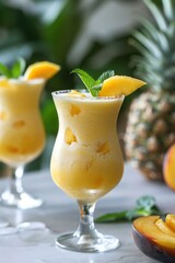 Wall Mural - A glass of a yellow drink with a pineapple on the side. The drink is topped with a green leaf