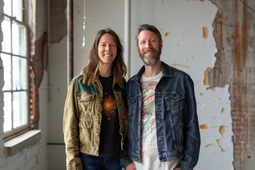 Canvas Print - Portrait of a blissful caucasian couple in their 40s wearing a trendy bomber jacket over bare monochromatic room