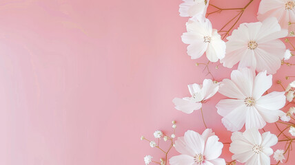 Wall Mural - White Cosmos Flowers on Pink Pastel Background