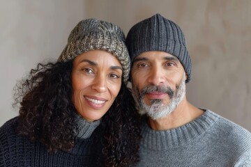 Wall Mural - Portrait of a happy mixed race couple in their 60s donning a warm wool beanie in front of bare monochromatic room