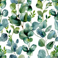 Poster - An elegant watercolor floral pattern featuring green leaves and branches on a white background, suitable for wrapping paper, wallpaper, postcards, greeting cards, wedding invitations, and other