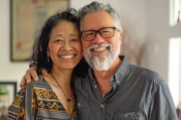 Poster - Portrait of a joyful couple in their 40s wearing a versatile buff in stylized simple home office background