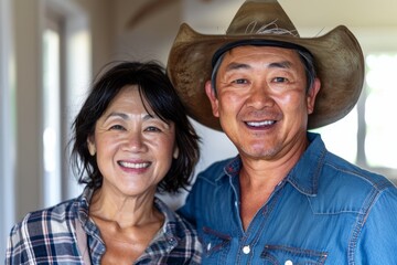 Sticker - Portrait of a grinning asian couple in their 50s wearing a rugged cowboy hat in front of stylized simple home office background