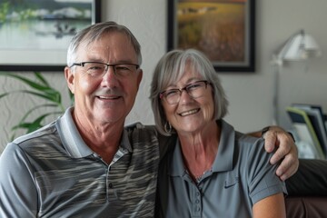 Wall Mural - Portrait of a blissful couple in their 50s wearing a breathable golf polo isolated on stylized simple home office background