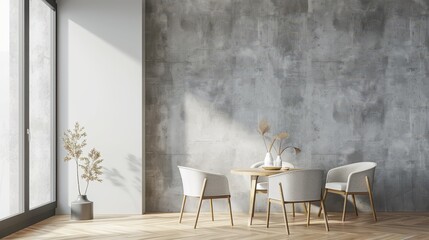 Canvas Print - A modern, minimalist dining room with a white table and four chairs. There are two vases on the table, one of which is empty. The room has a clean