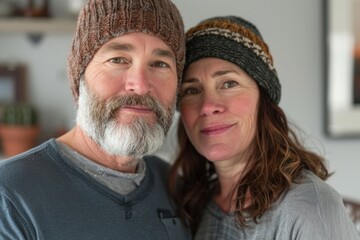 Wall Mural - Portrait of a tender caucasian couple in their 50s donning a warm wool beanie while standing against stylized simple home office background