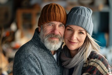 Wall Mural - Portrait of a tender caucasian couple in their 50s donning a warm wool beanie on stylized simple home office background