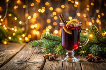 Canvas Print - Warm mulled wine in a decorative mug on a rustic wooden background with a soft, blurred Christmas tree and twinkling lights, ample space for text or product placement.