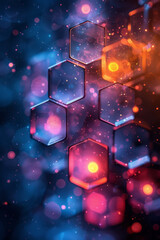 Wall Mural - A minimalist design featuring glowing hexagons with colorful bokeh lights, set against a deep black backdrop,