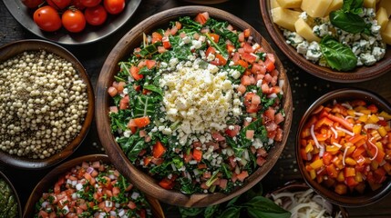 Wall Mural - A vibrant and colorful display of fresh vegetables and grains in wooden bowls, showcasing a healthy and appetizing meal preparation.