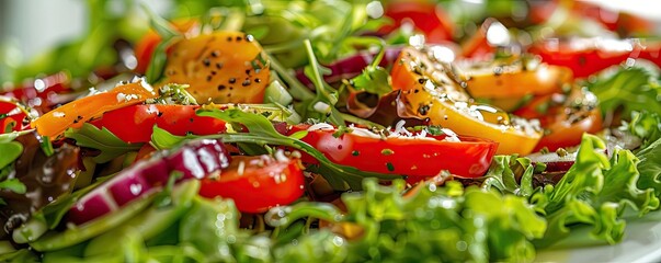 Wall Mural - Close-up of fresh mixed vegetable salad with colorful bell peppers, red onions, and greens, seasoned with herbs and spices.