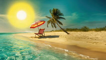 Poster - A beach chair and umbrella under a palm tree on the ocean, AI