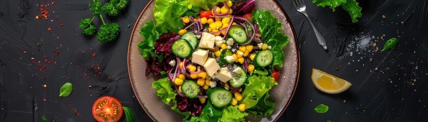 Wall Mural - Fresh mixed salad with cucumber, tomato, and feta cheese on a dark table. Healthy vegan meal with vibrant vegetables. Top view.