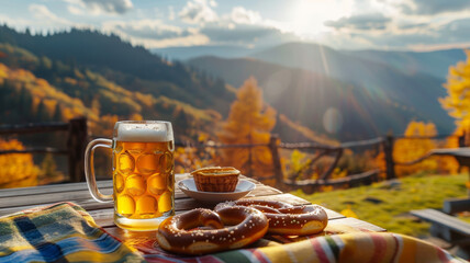 Wall Mural - Beer and Pretzel Against Mountain Backdrop