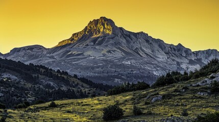 Wall Mural - A mountain range with a large peak in the background. The sun is setting, casting a warm glow over the landscape. The trees are green and lush, and the sky is a mix of orange and pink hues