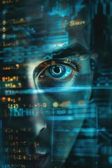 A man's face is shown in a computer screen with a blue eye and red lines. Concept of technology and artificial intelligence, as the eye is displayed in a digital format