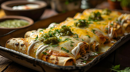 Wall Mural - Delicious Cheese Enchiladas with Green Sauce in a Baking Dish