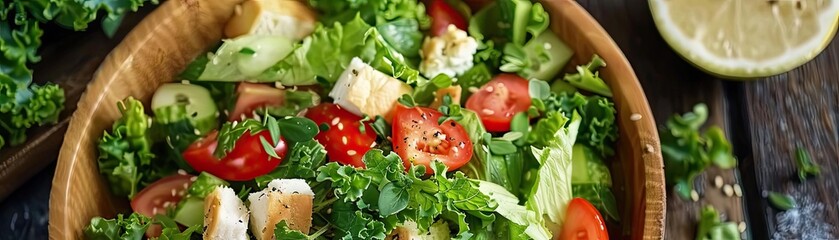 Wall Mural - Fresh vegetable salad with lettuce, cherry tomatoes, cucumbers, and grilled chicken in a wooden bowl. Perfect for healthy eating and lifestyle.