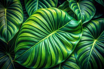 Wall Mural - Vibrant green tropical leaf with intricate veins and wavy edges, set against a dark moody backdrop, creating a stunning natural texture and wallpaper effect.