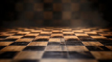 Close-up of empty chessboard, dark background filled with black and white squares symbolizing chess, strategic games sports win or victory, and intelligence, blank copy space wooden surface, checkmate