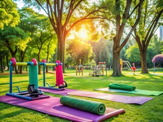 Vibrant green park scenery with outdoor exercise equipment and colorful yoga mats, conveying a sense of healthy living and female friendship in the great outdoors.