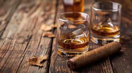 Two glasses of whiskey and a cigar on a wooden table. Concept Whiskey, Cigar, Wooden Table, with copy space