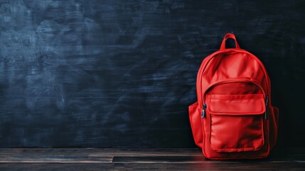 School bag with supplies for school on blackboard background, educational concept