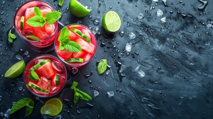 Two glasswards of watermelon Mojito, garnished with limes and mint, atop a dark surface, dotted with water droplets, with copy space